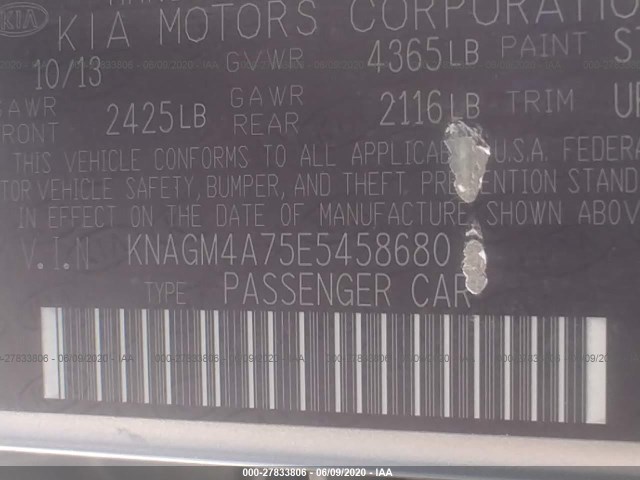 Photo 8 VIN: KNAGM4A75E5458680 - KIA OPTIMA 