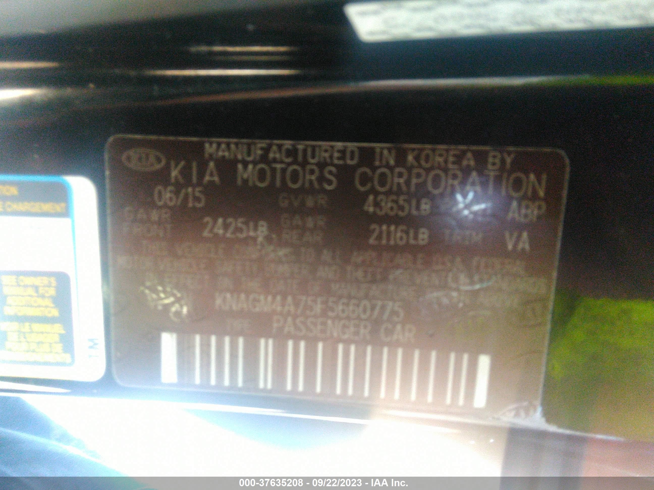 Photo 8 VIN: KNAGM4A75F5660775 - KIA OPTIMA 