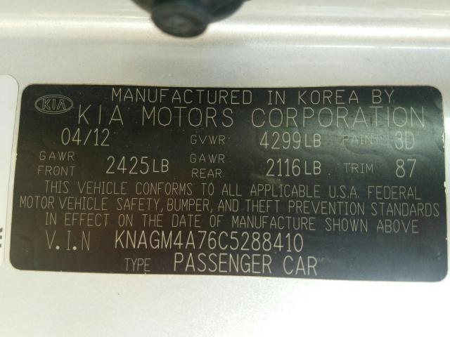 Photo 9 VIN: KNAGM4A76C5288410 - KIA OPTIMA LX 