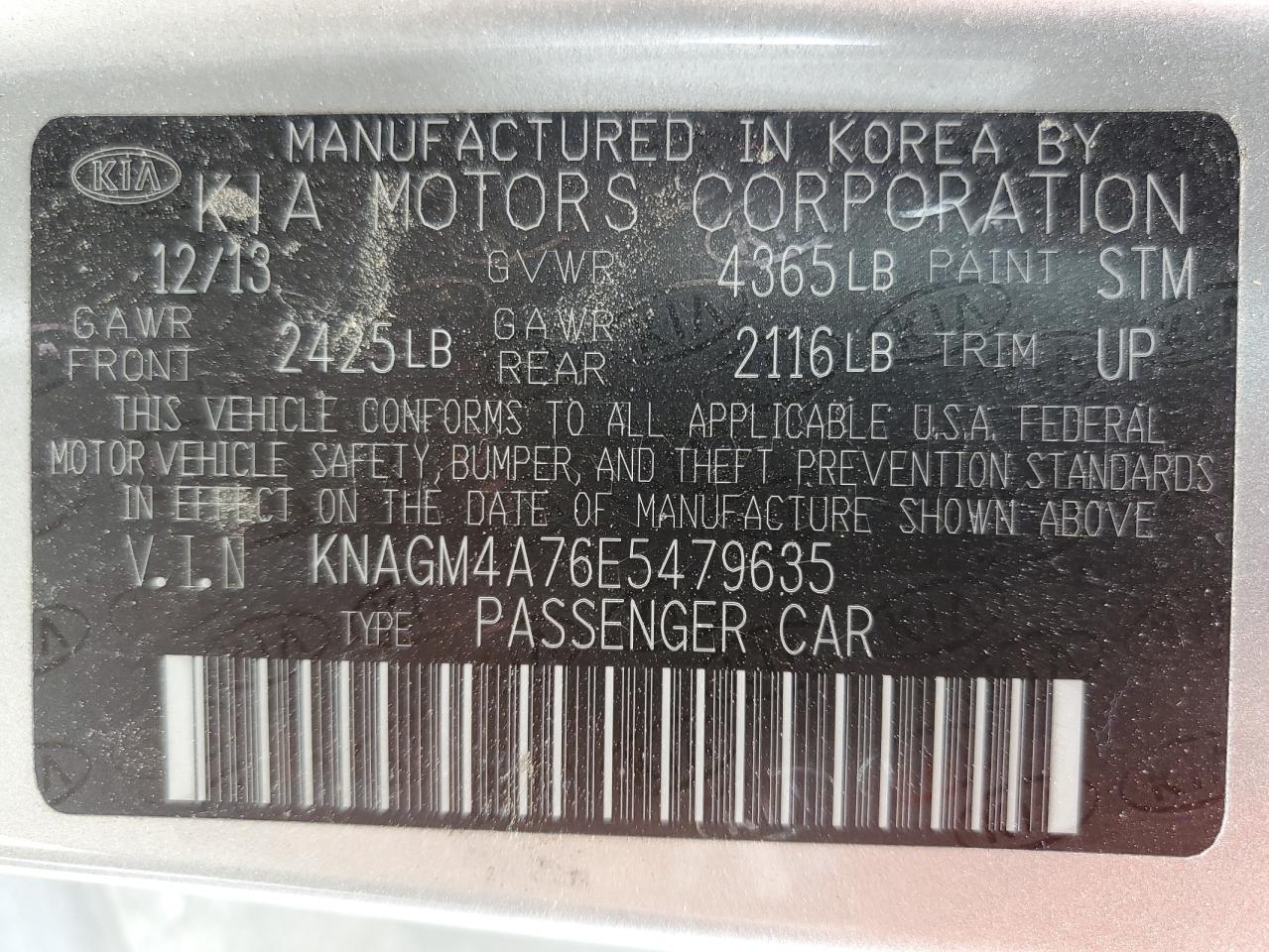 Photo 11 VIN: KNAGM4A76E5479635 - KIA OPTIMA 