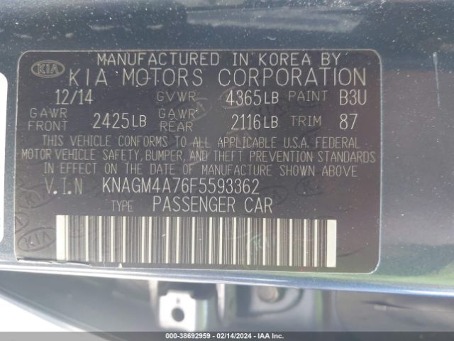 Photo 8 VIN: KNAGM4A76F5593362 - KIA OPTIMA 