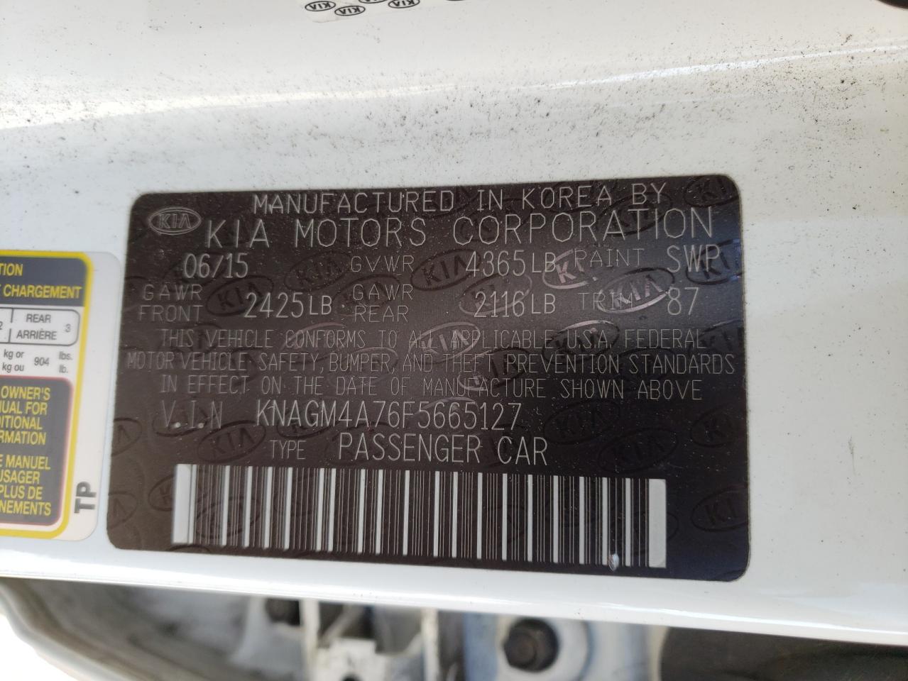 Photo 11 VIN: KNAGM4A76F5665127 - KIA OPTIMA 