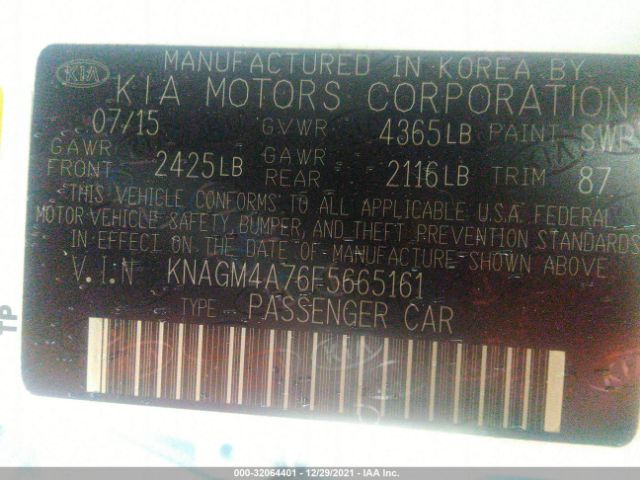 Photo 8 VIN: KNAGM4A76F5665161 - KIA OPTIMA 