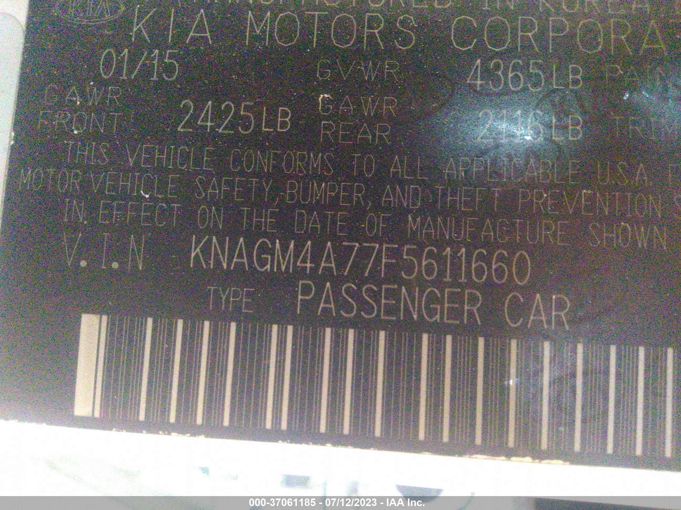 Photo 8 VIN: KNAGM4A77F5611660 - KIA OPTIMA 