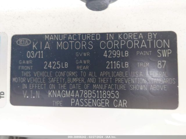 Photo 8 VIN: KNAGM4A78B5118953 - KIA OPTIMA 