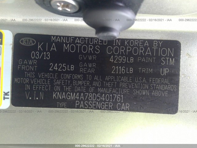 Photo 8 VIN: KNAGM4A78D5401761 - KIA OPTIMA 