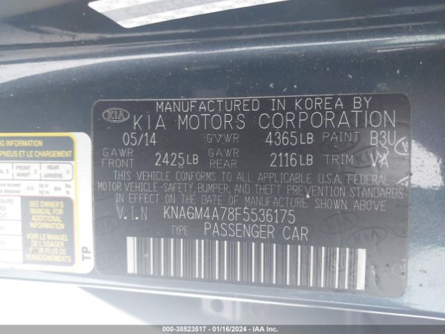 Photo 8 VIN: KNAGM4A78F5536175 - KIA OPTIMA 