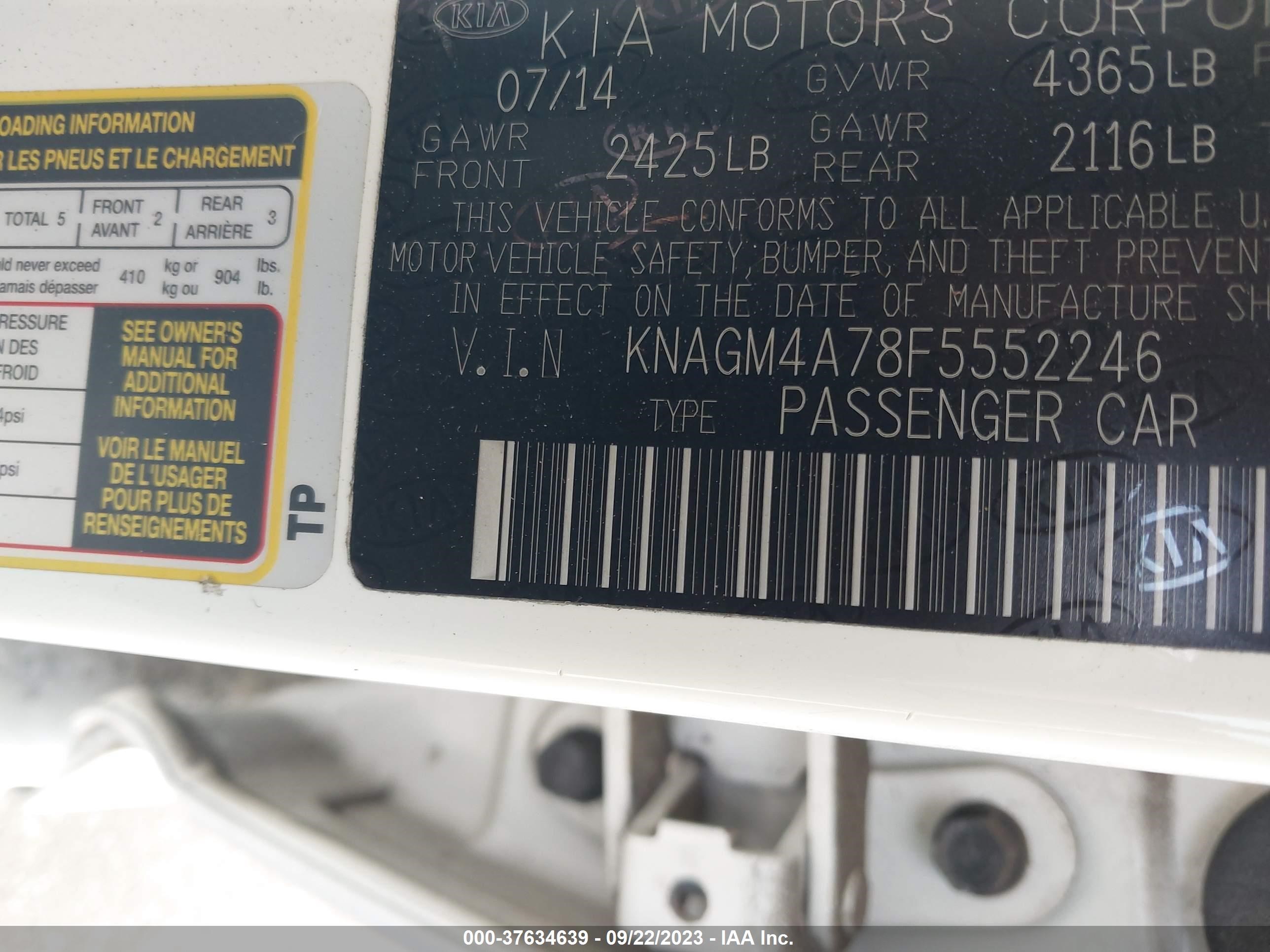 Photo 8 VIN: KNAGM4A78F5552246 - KIA OPTIMA 