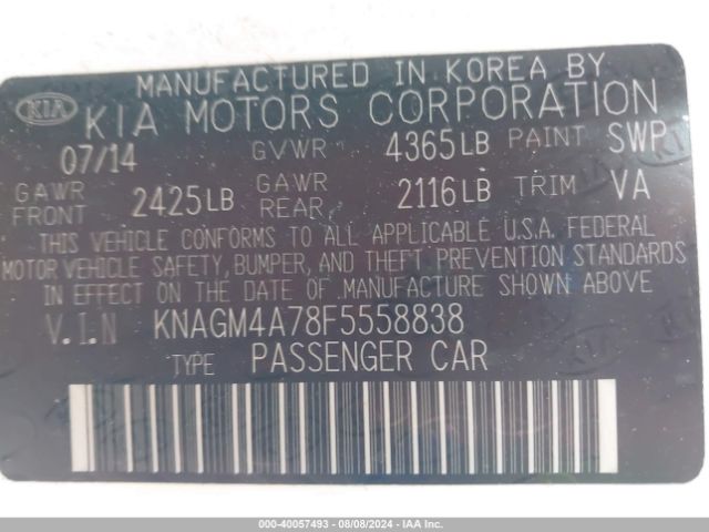 Photo 8 VIN: KNAGM4A78F5558838 - KIA OPTIMA 