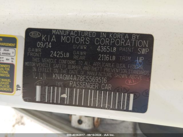 Photo 8 VIN: KNAGM4A78F5569516 - KIA OPTIMA 