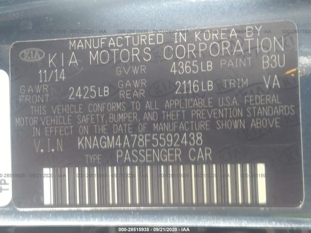 Photo 8 VIN: KNAGM4A78F5592438 - KIA OPTIMA 