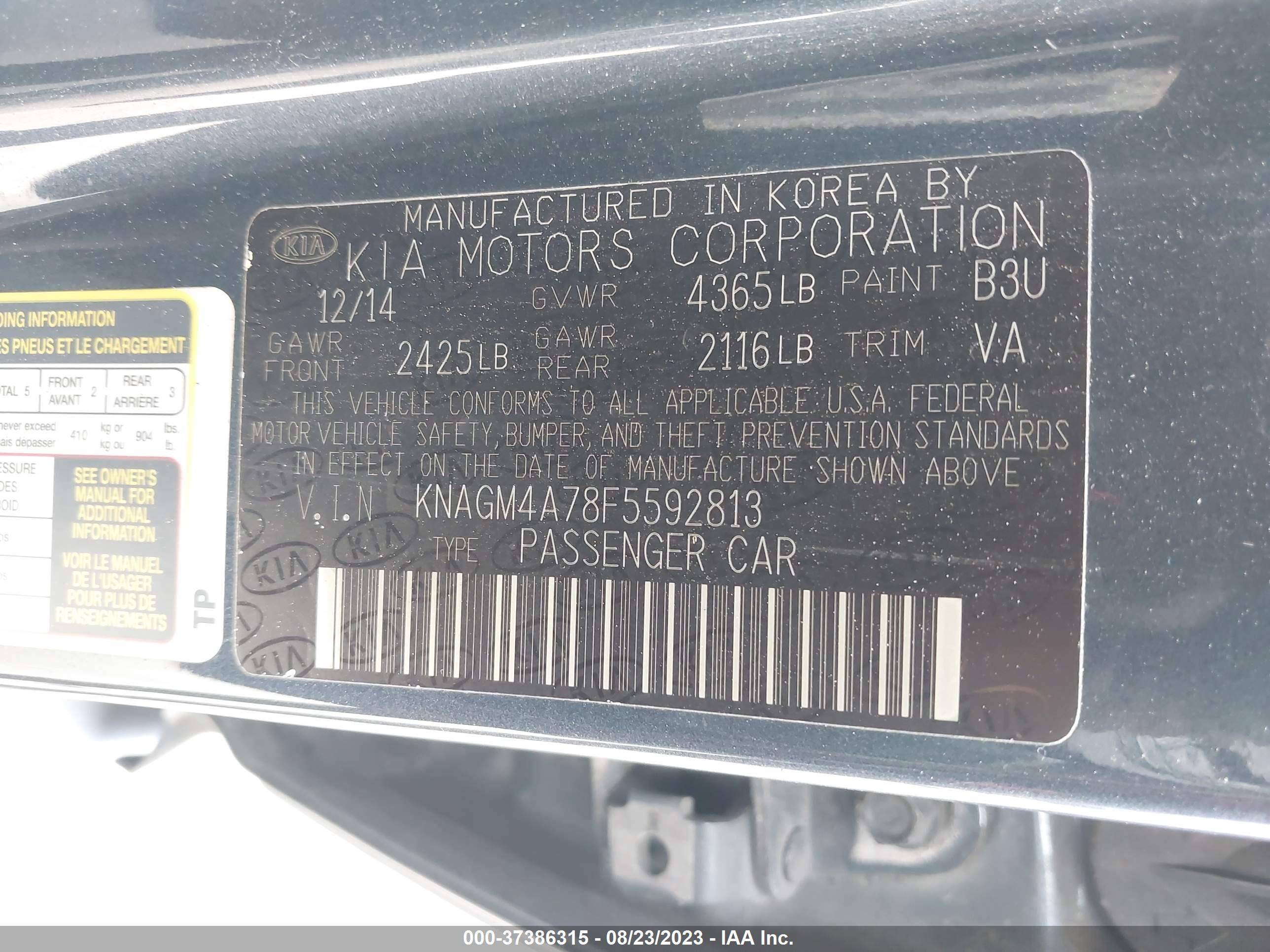 Photo 8 VIN: KNAGM4A78F5592813 - KIA OPTIMA 