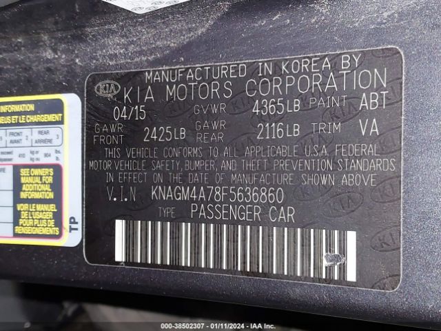 Photo 8 VIN: KNAGM4A78F5636860 - KIA OPTIMA 