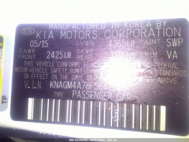 Photo 8 VIN: KNAGM4A78F5647860 - KIA OPTIMA 