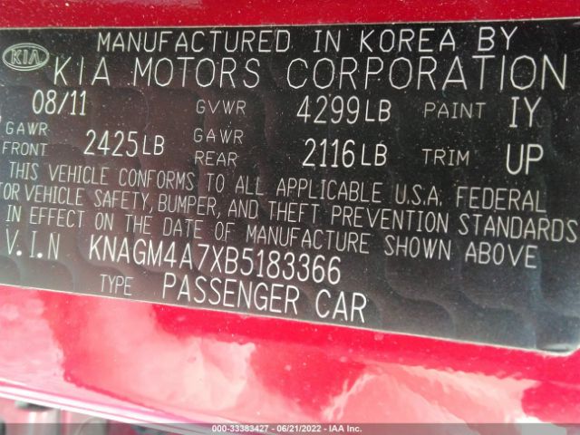 Photo 8 VIN: KNAGM4A7XB5183366 - KIA OPTIMA 