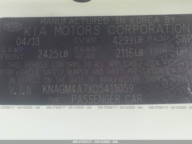 Photo 8 VIN: KNAGM4A7XD5411059 - KIA OPTIMA 