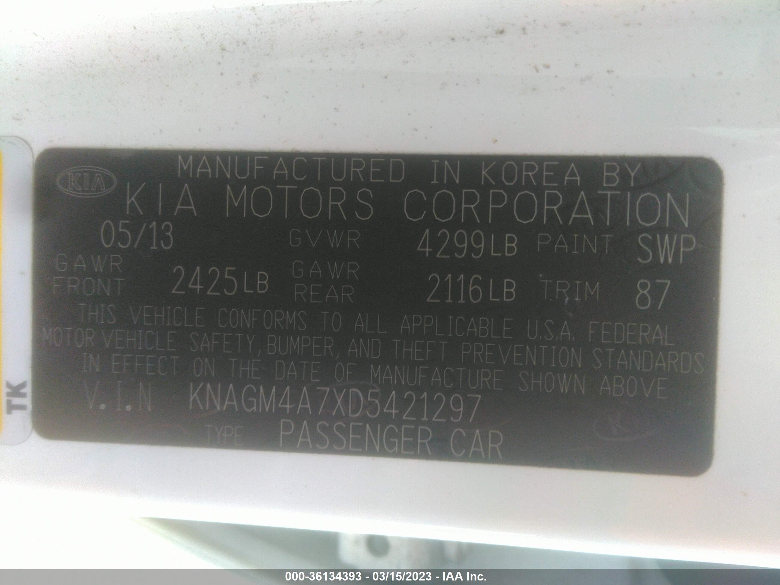 Photo 8 VIN: KNAGM4A7XD5421297 - KIA OPTIMA 