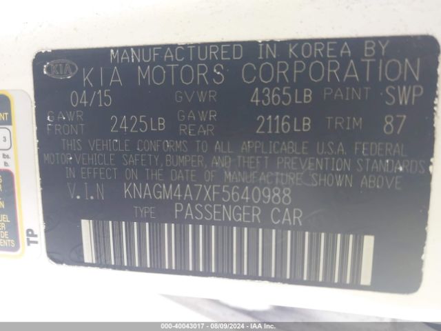 Photo 8 VIN: KNAGM4A7XF5640988 - KIA OPTIMA 