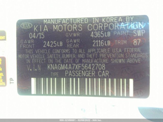 Photo 8 VIN: KNAGM4A7XF5642708 - KIA OPTIMA 