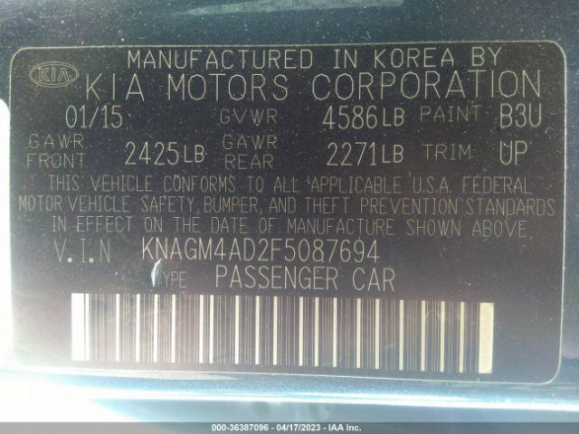 Photo 8 VIN: KNAGM4AD2F5087694 - KIA OPTIMA 