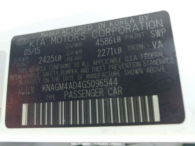 Photo 8 VIN: KNAGM4AD4G5096544 - KIA OPTIMA HYBRID 