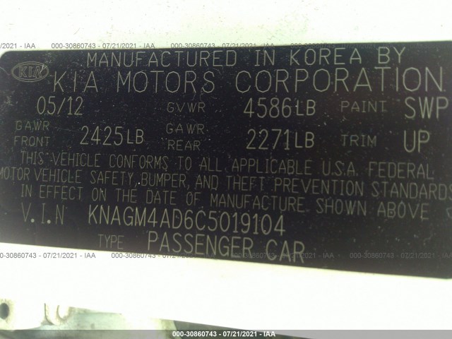 Photo 8 VIN: KNAGM4AD6C5019104 - KIA OPTIMA 