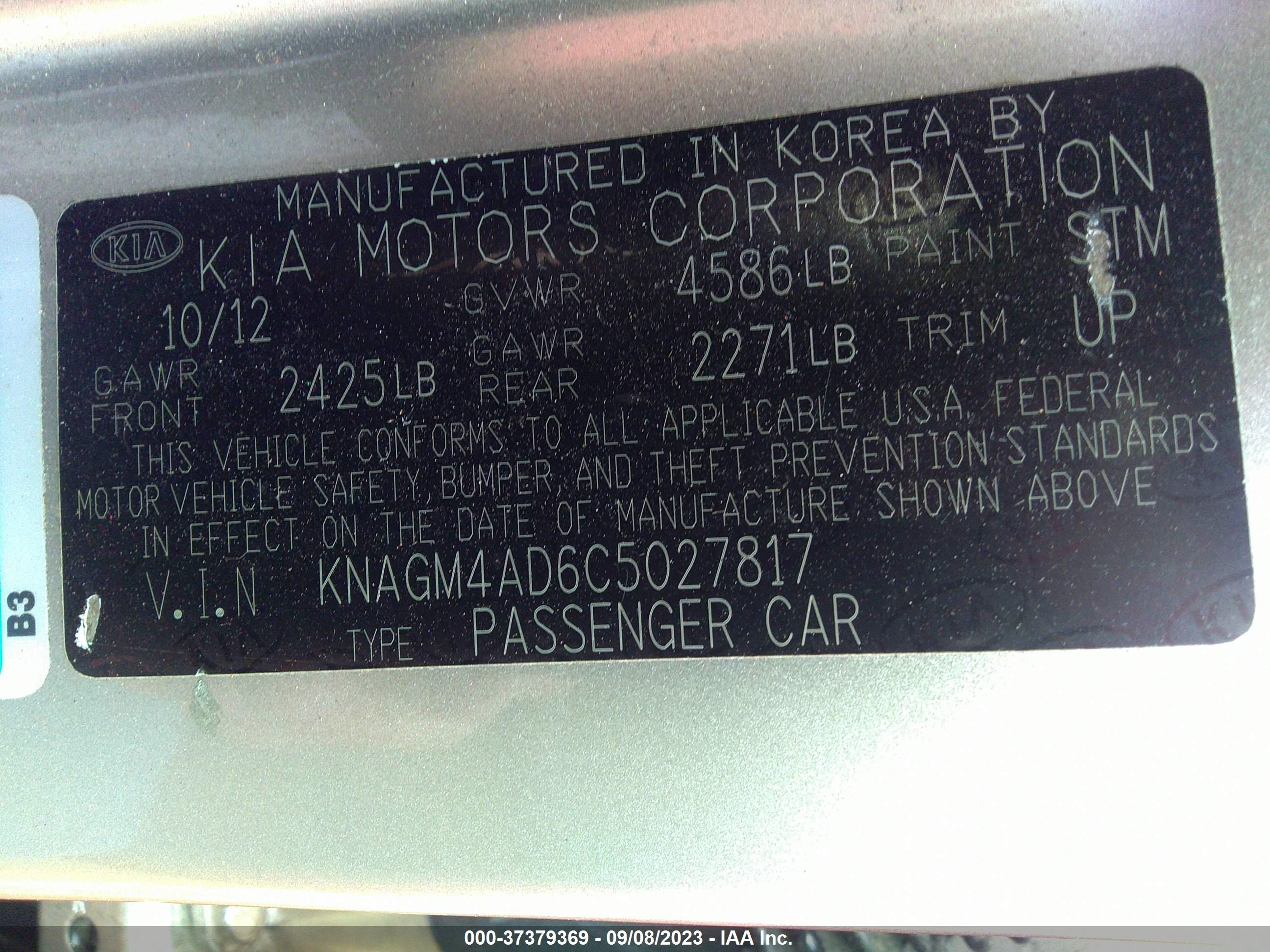 Photo 8 VIN: KNAGM4AD6C5027817 - KIA OPTIMA 