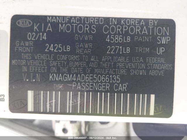 Photo 8 VIN: KNAGM4AD6E5066135 - KIA OPTIMA 