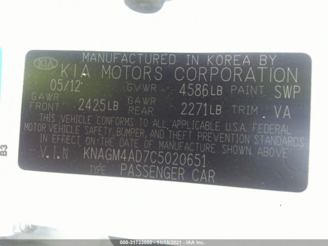 Photo 8 VIN: KNAGM4AD7C5020651 - KIA OPTIMA 