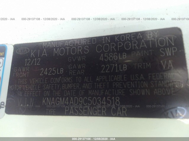 Photo 8 VIN: KNAGM4AD9C5034518 - KIA OPTIMA 