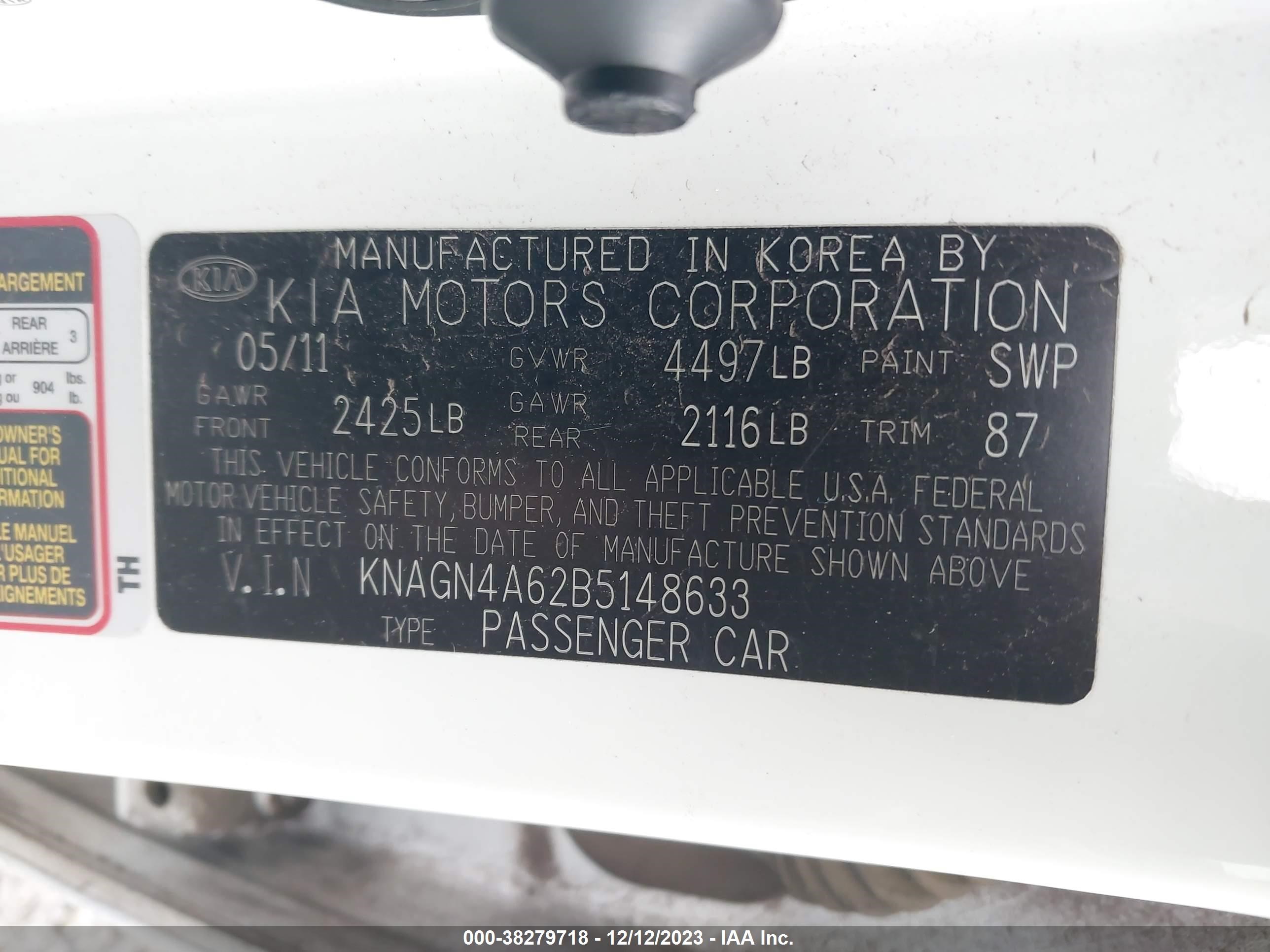 Photo 8 VIN: KNAGN4A62B5148633 - KIA OPTIMA 