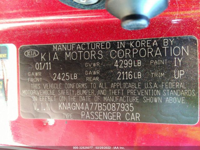 Photo 8 VIN: KNAGN4A77B5087935 - KIA OPTIMA 