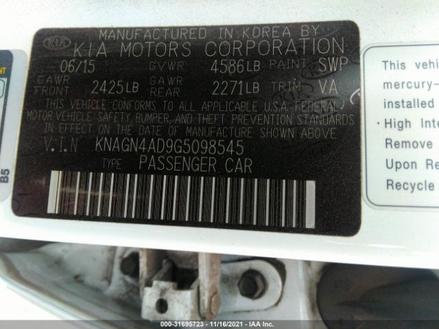 Photo 8 VIN: KNAGN4AD9G5098545 - KIA OPTIMA HYBRID 