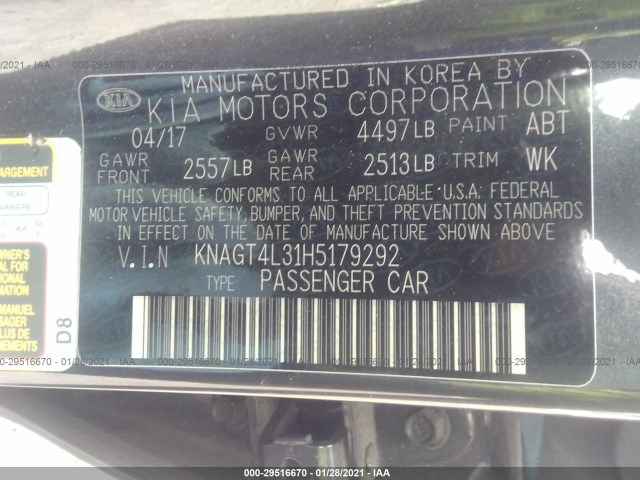 Photo 8 VIN: KNAGT4L31H5179292 - KIA OPTIMA 