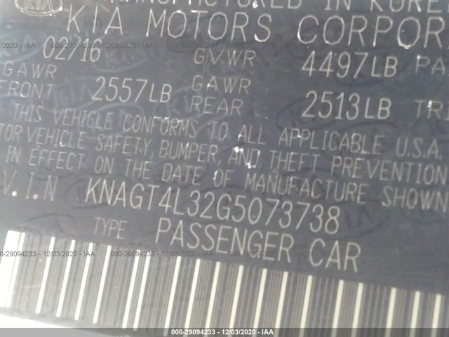 Photo 8 VIN: KNAGT4L32G5073738 - KIA OPTIMA 