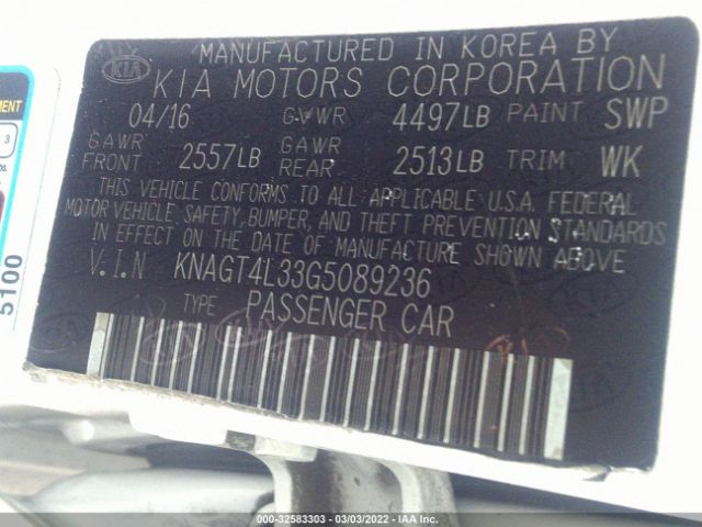 Photo 8 VIN: KNAGT4L33G5089236 - KIA OPTIMA 