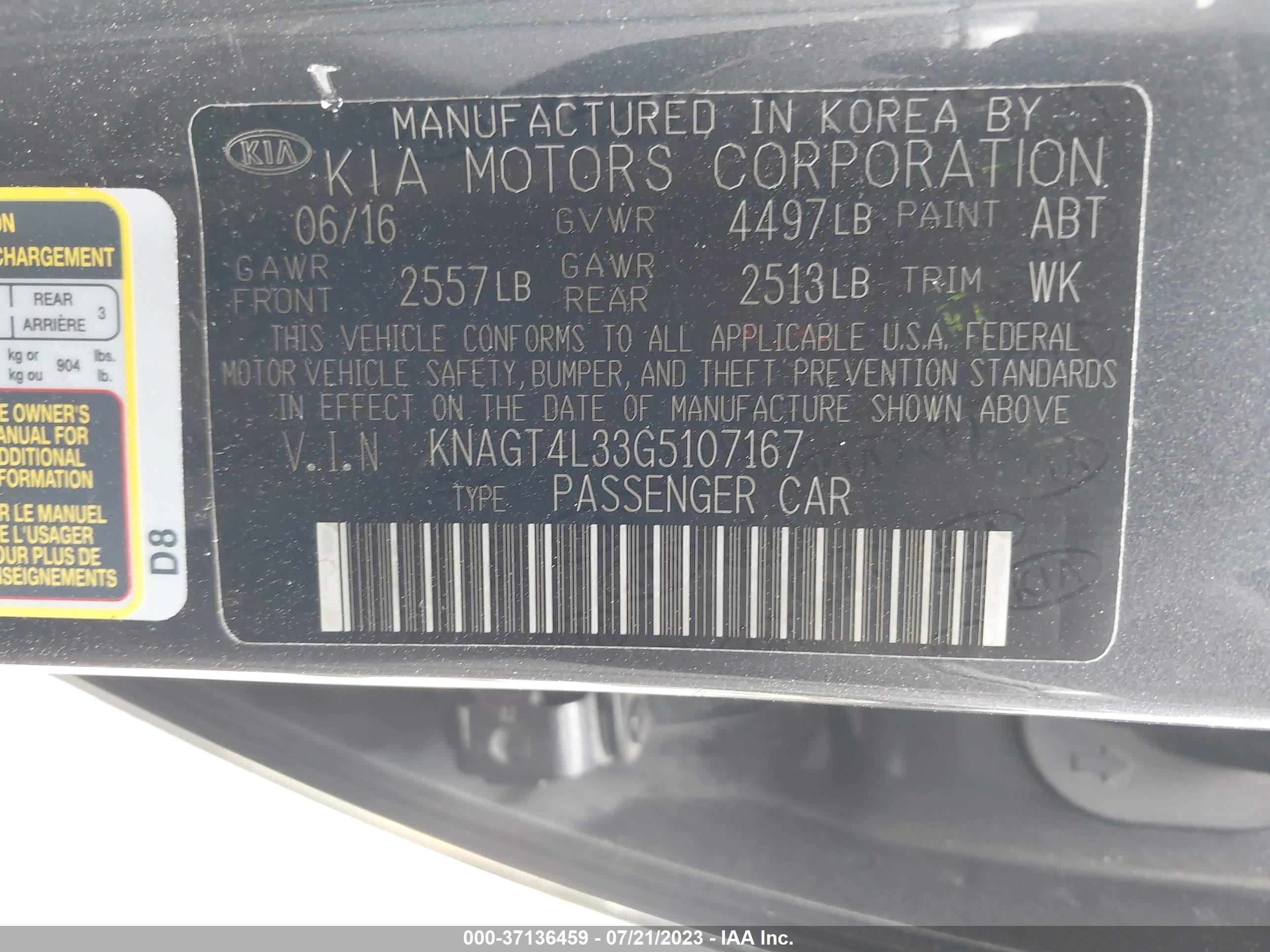 Photo 8 VIN: KNAGT4L33G5107167 - KIA OPTIMA 