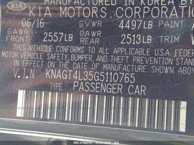 Photo 8 VIN: KNAGT4L35G5110765 - KIA OPTIMA 