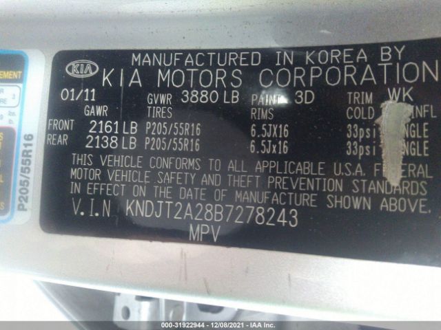 Photo 8 VIN: KNDJT2A28B7278243 - KIA SOUL 