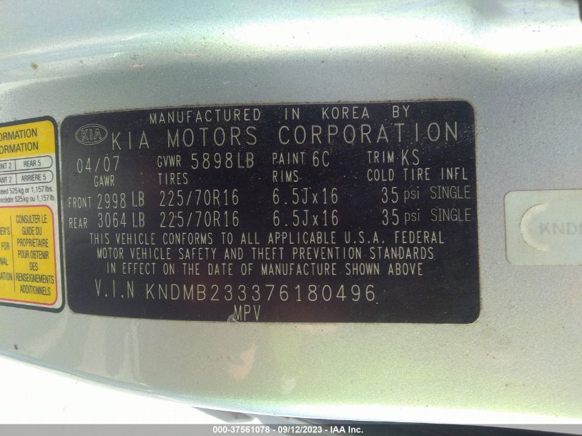 Photo 8 VIN: KNDMB233376180496 - KIA SEDONA 