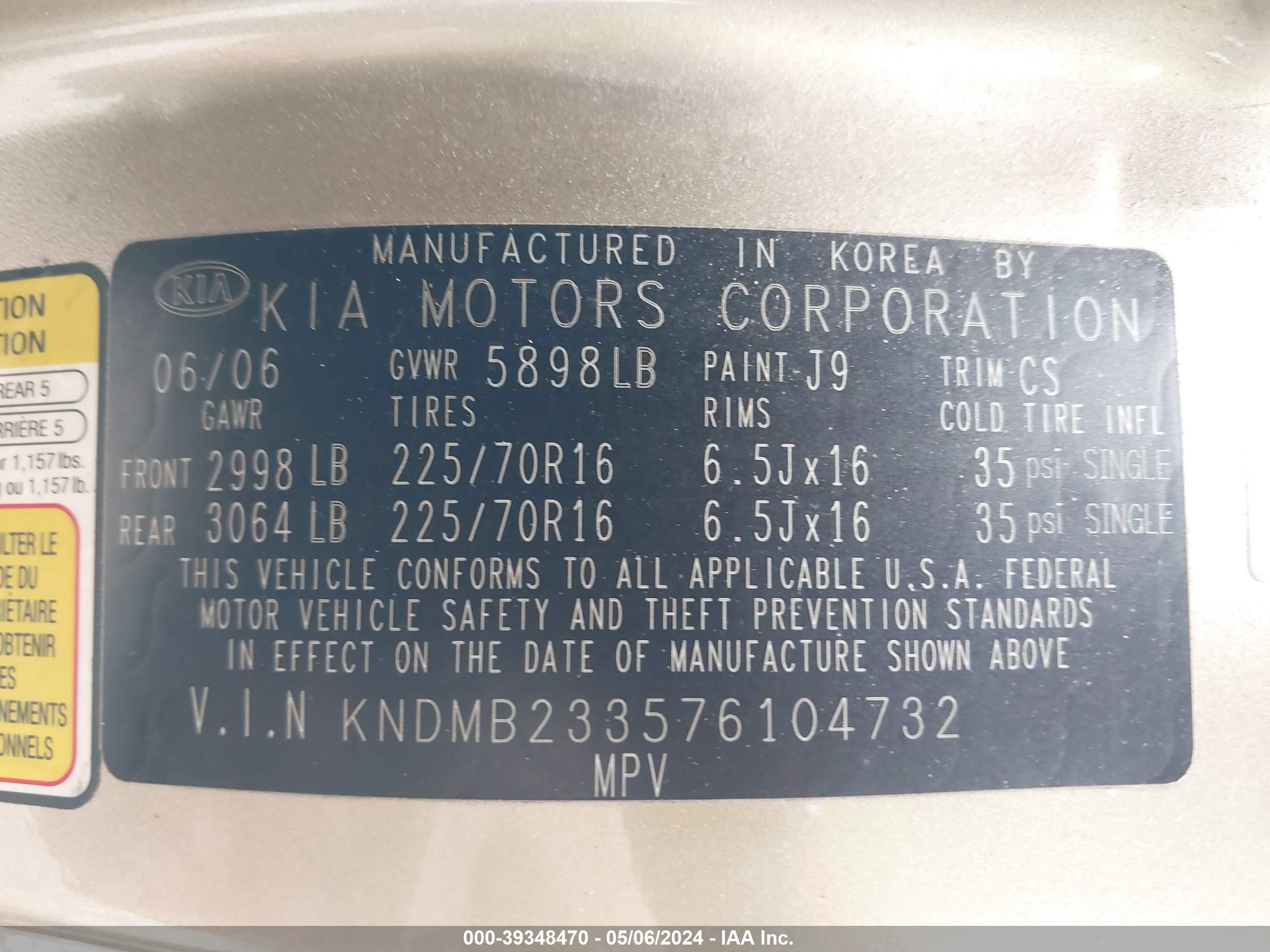 Photo 8 VIN: KNDMB233576104732 - KIA SEDONA 