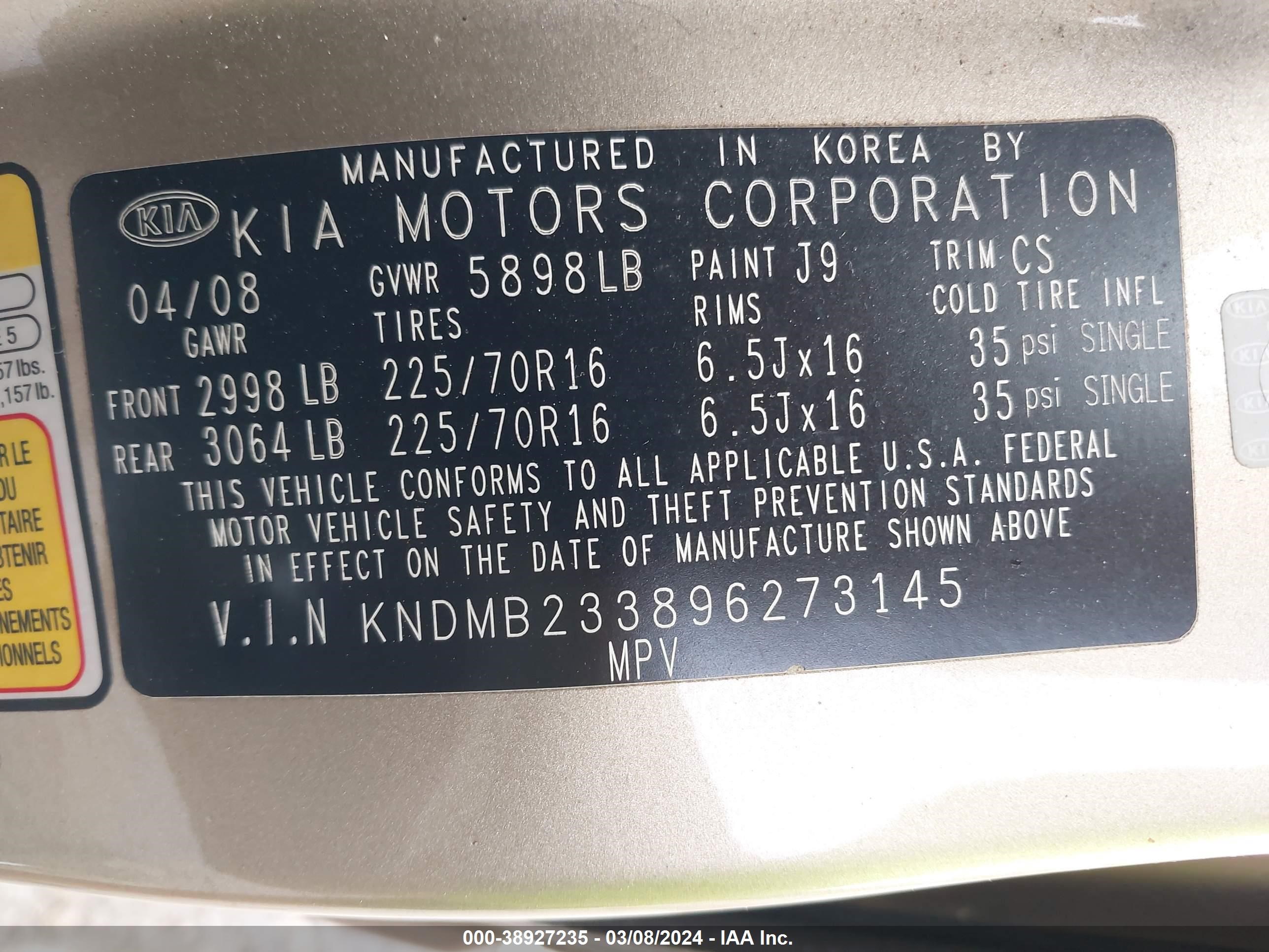 Photo 8 VIN: KNDMB233896273145 - KIA SEDONA 