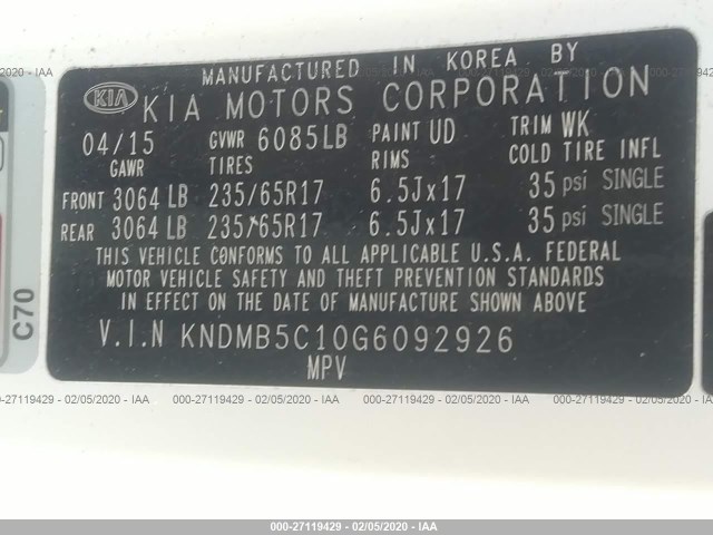 Photo 8 VIN: KNDMB5C10G6092926 - KIA SEDONA 