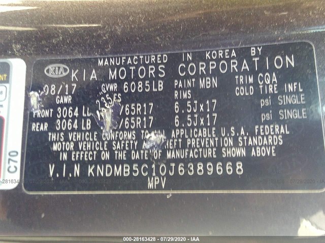 Photo 8 VIN: KNDMB5C10J6389668 - KIA SEDONA 