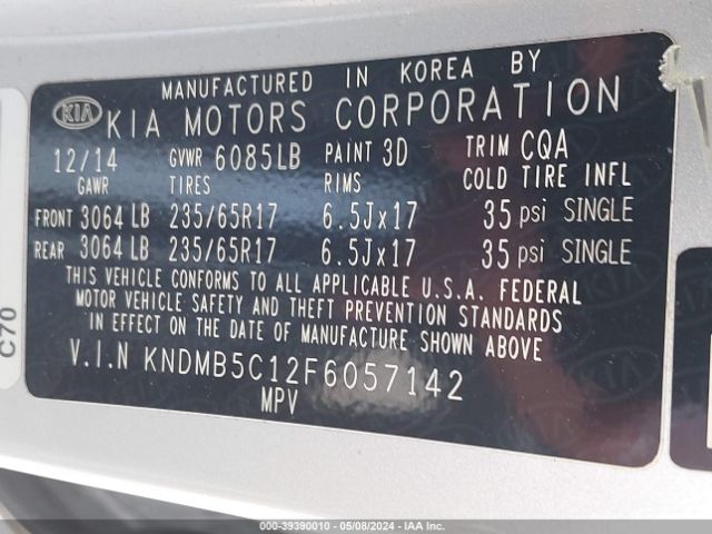 Photo 8 VIN: KNDMB5C12F6057142 - KIA SEDONA 