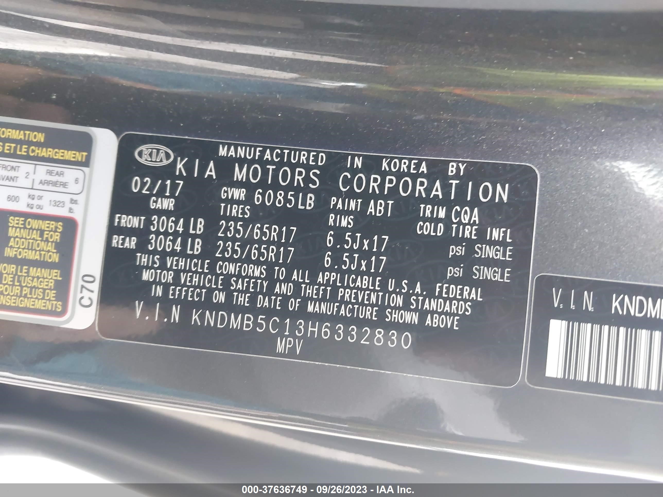 Photo 8 VIN: KNDMB5C13H6332830 - KIA SEDONA 