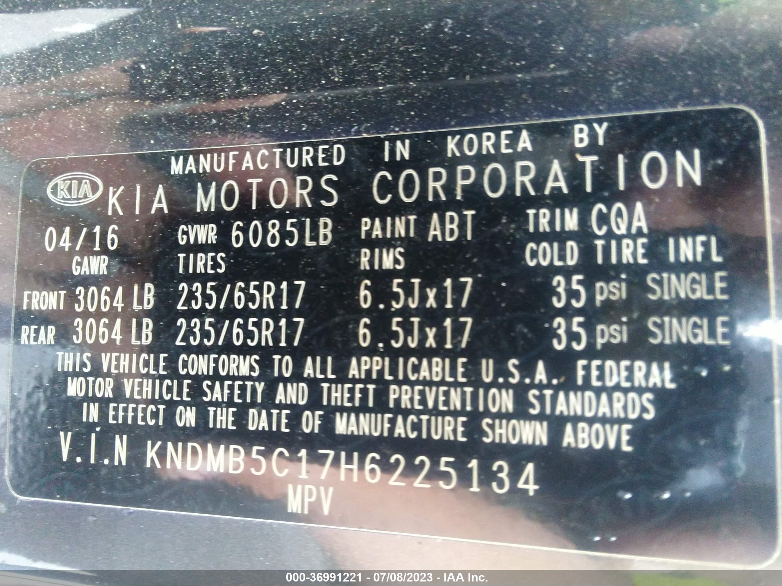 Photo 8 VIN: KNDMB5C17H6225134 - KIA SEDONA 