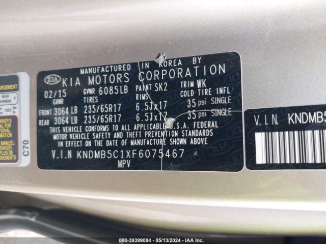 Photo 8 VIN: KNDMB5C1XF6075467 - KIA SEDONA 