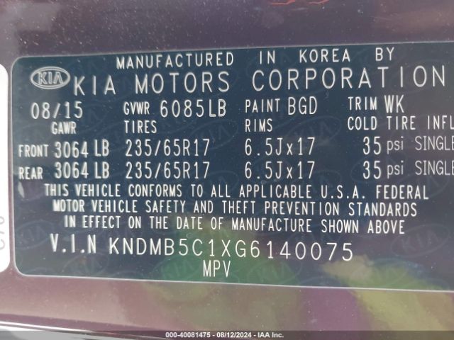 Photo 8 VIN: KNDMB5C1XG6140075 - KIA SEDONA 