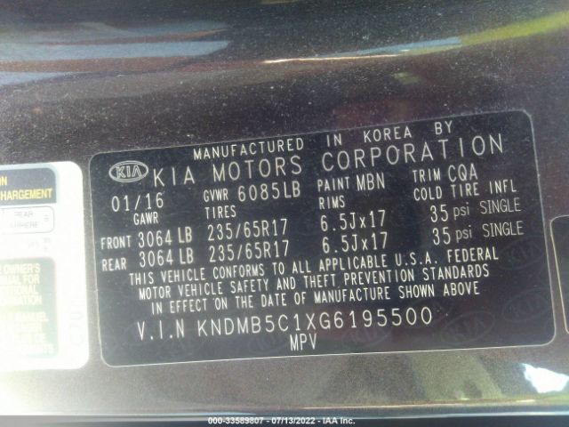 Photo 8 VIN: KNDMB5C1XG6195500 - KIA SEDONA 